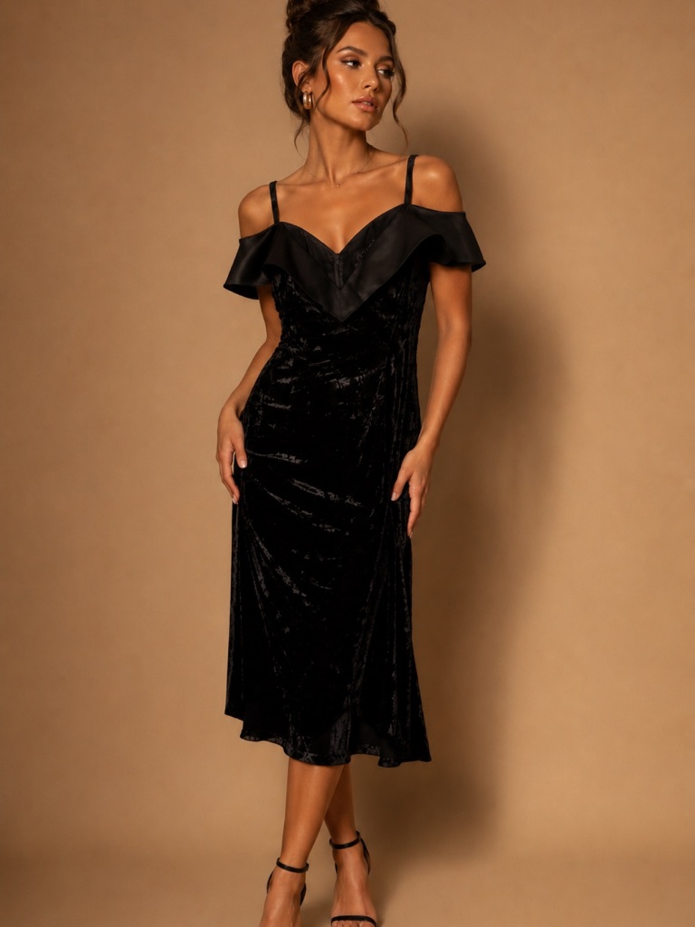 Vintage Cachet Off Shoulder Crushed Velvet Black Evening Dress Size 8